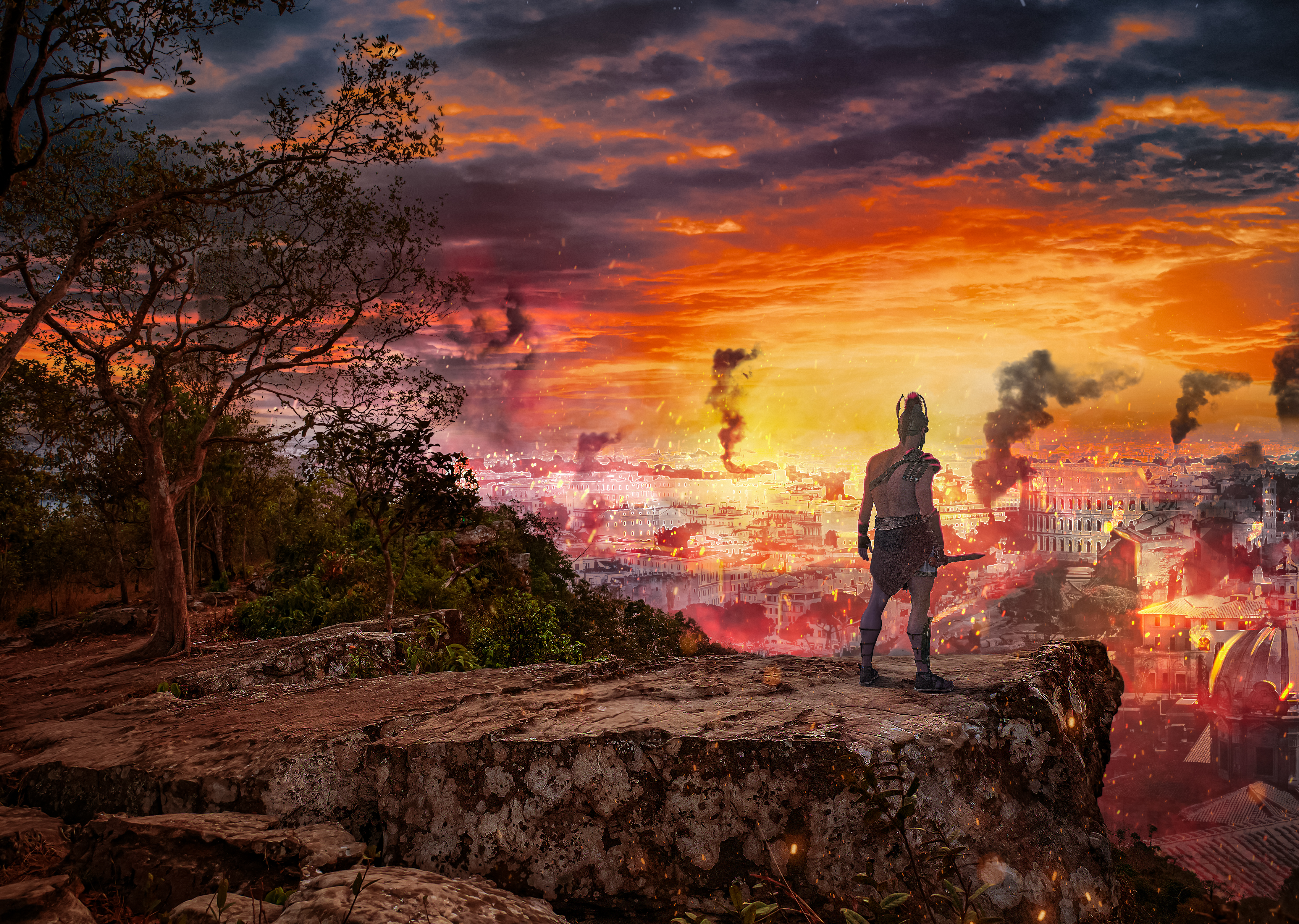 The new cover image for The Arc. The Harbinger (Titus) stands on a hill overlooking the destruction of Rome in 410 AD.  It's a reference to Alba's paint on wood sketch of him at the time.