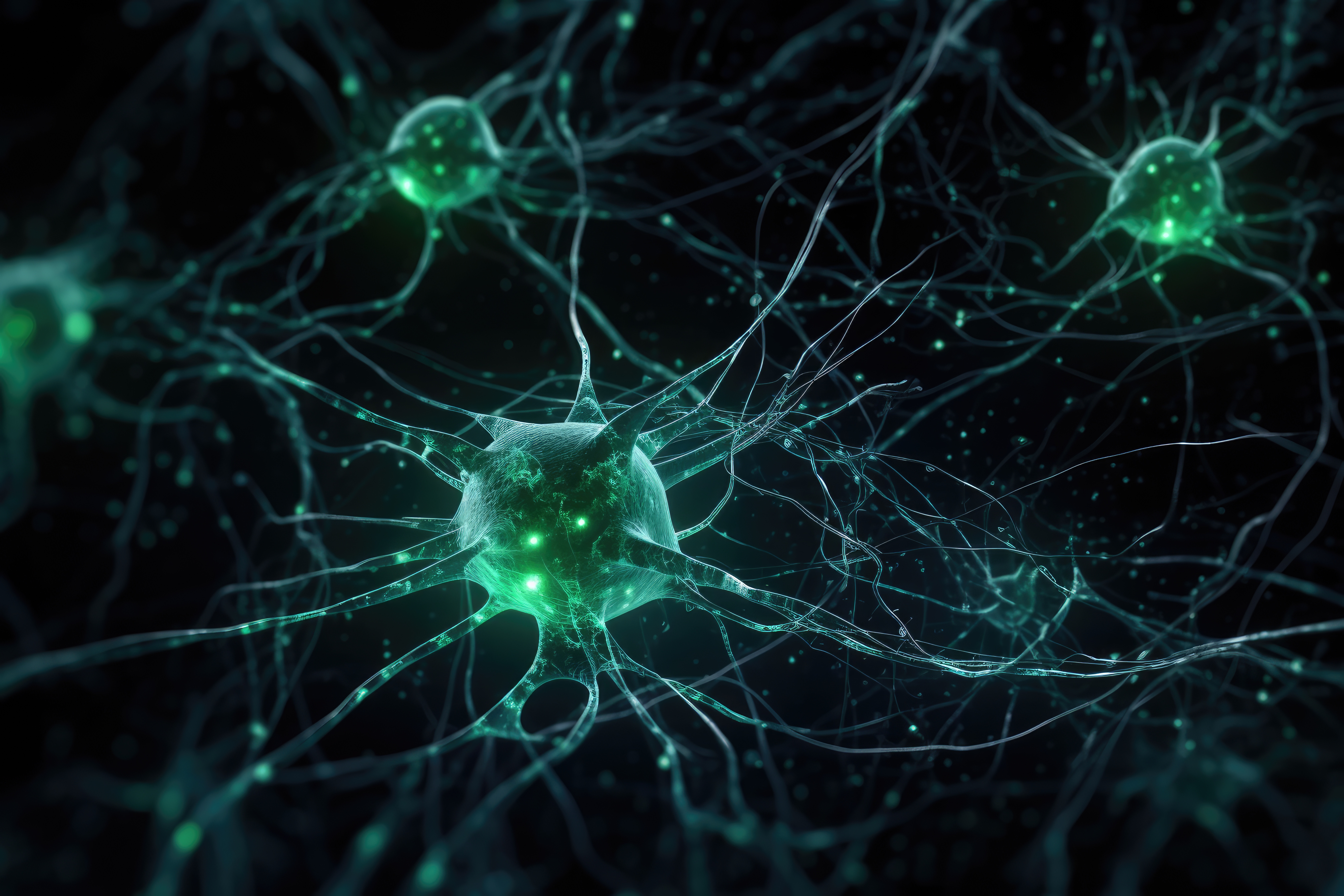 A floating green neuron in black space used as the headlinging image for Upload.  Similar to the blue neuron for Download.