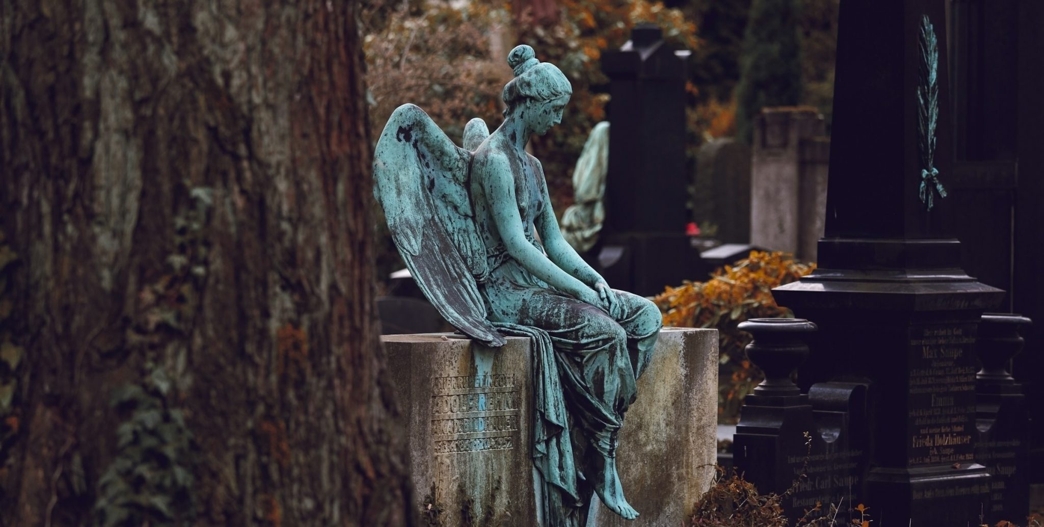 A beautiful, oxidized bronze angel sitting on a tombstone in a Dresden cemetery used as the headlining image for Shudder.  Think calm weeping angel.  Don't blink.